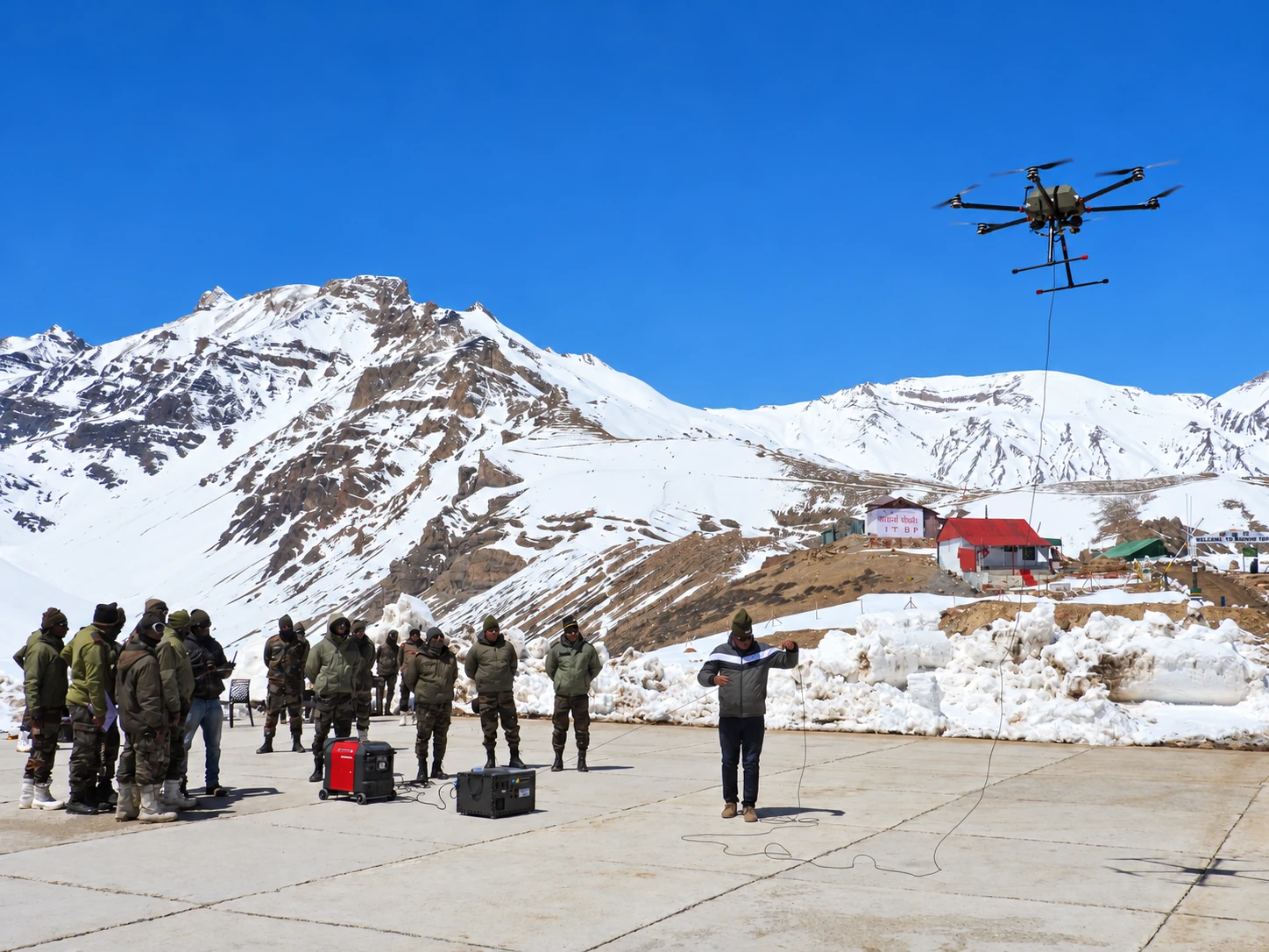 A tethered aircraft operating above a high-altitude field site.