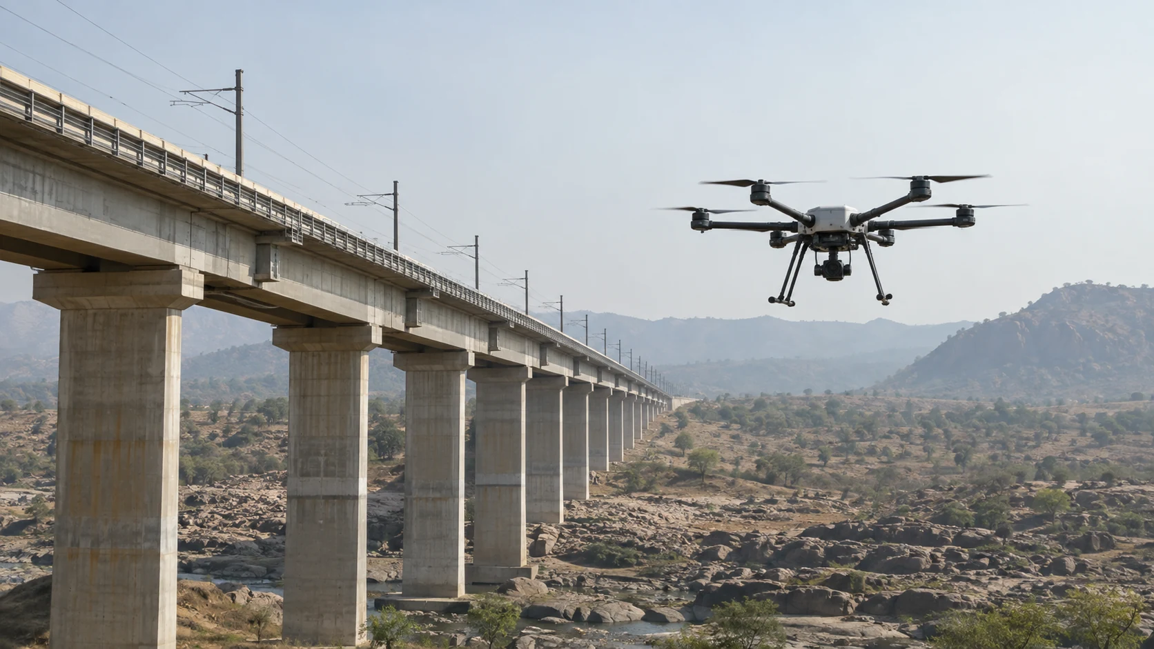 Illustrative hexacopter inspection beside a rail viaduct