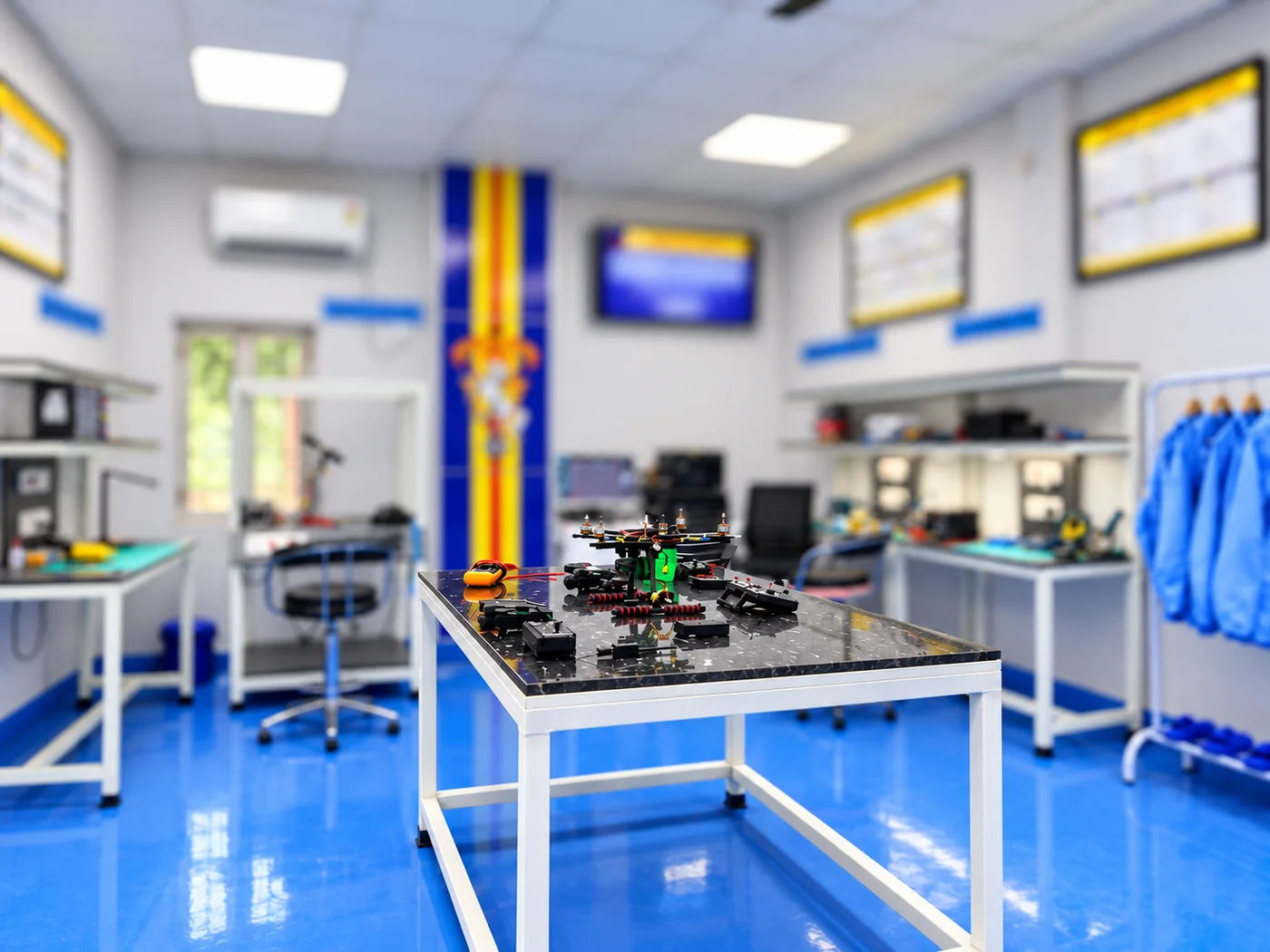 Drone Labs workshop with UAV assembly and test equipment