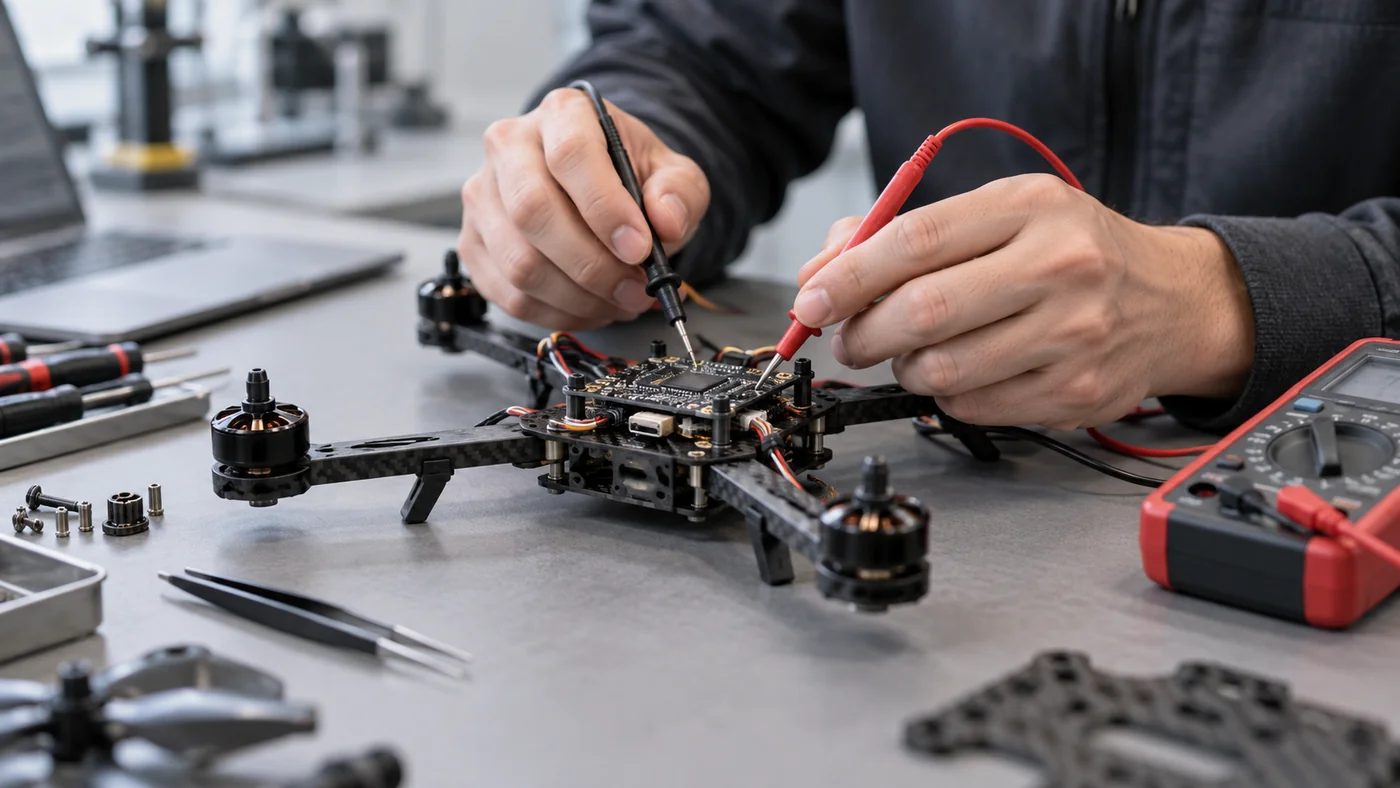 Multirotor UAV prototype being developed and tested in an engineering lab